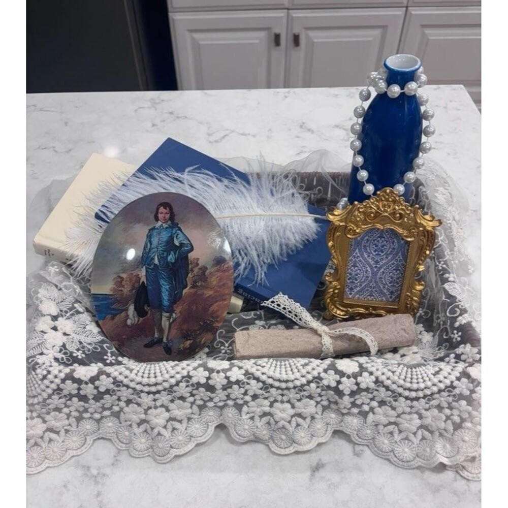 Blue Vignette Decorative Tray Set Regency Cottagecore Decor Lace Pearl Gold Fram